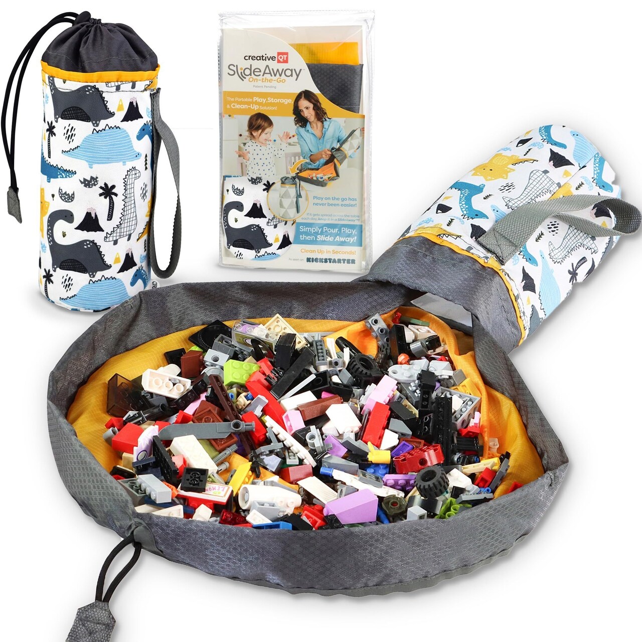 Creative QT SlideAway, Dinosaur Print, On-The-Go Mini Storage Bag and Table Top Play Mat For Toddlers, Room and Travel Organizer